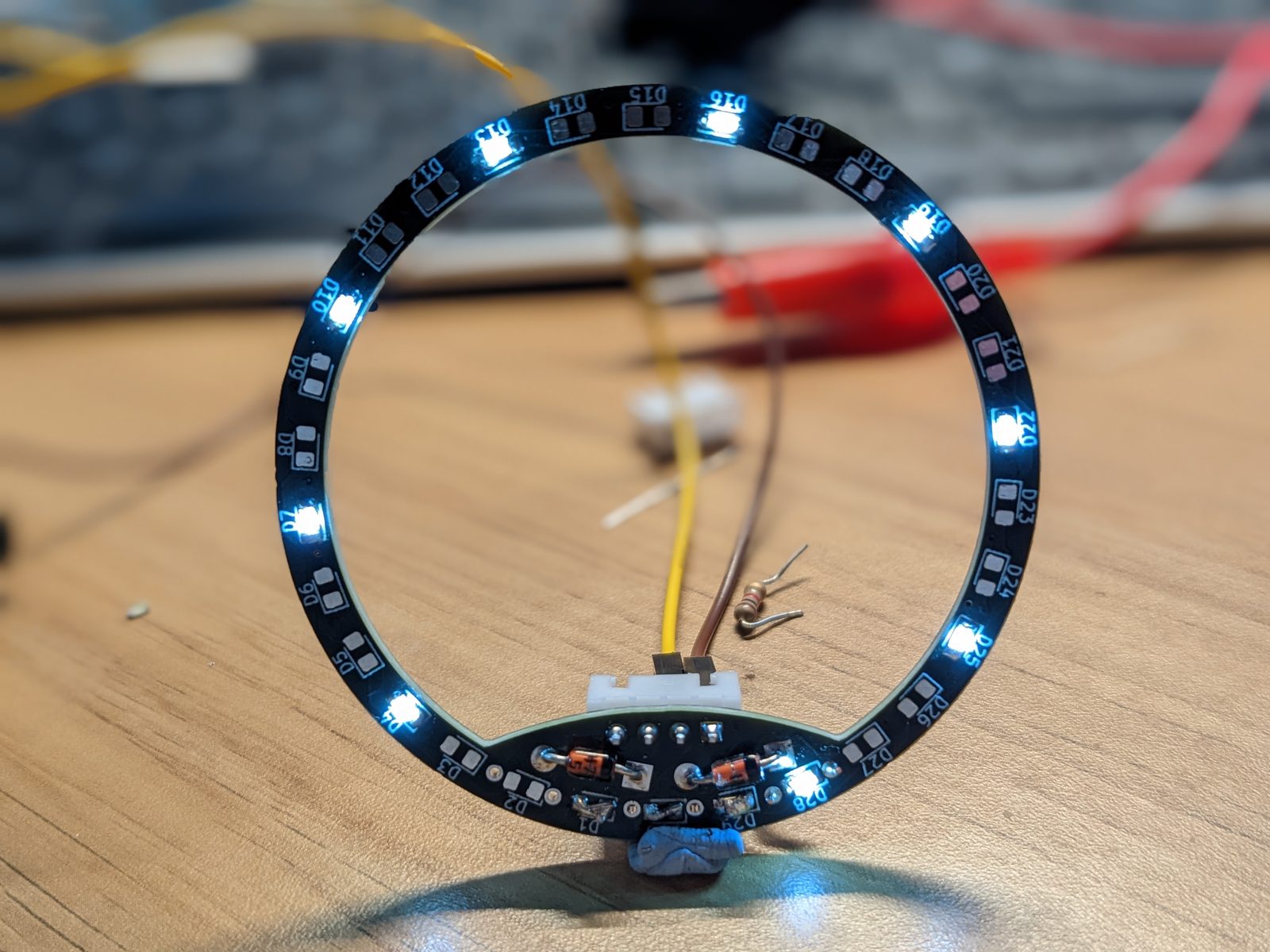 The LED ring with only a third of its LEDs lit