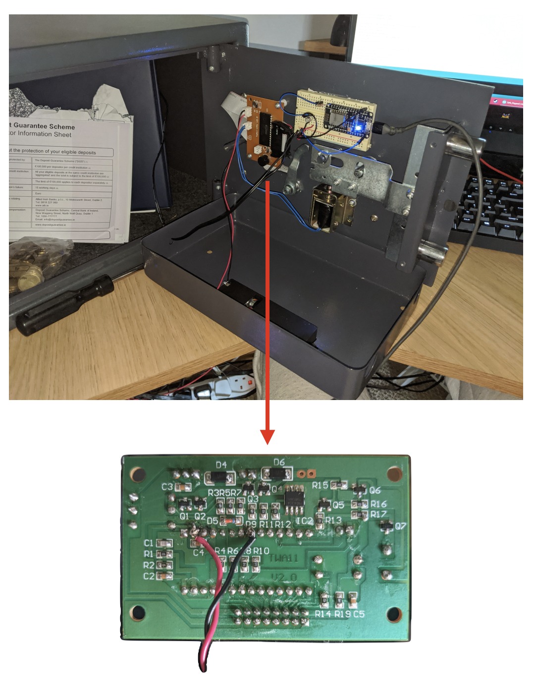 The safe's control board next to a close-up of the same board, with an arrow showing they are the same piece