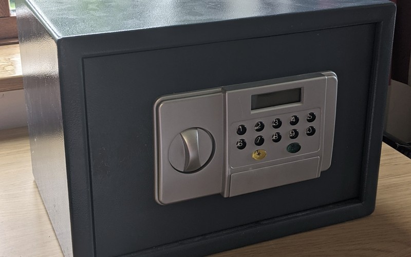 The safe, closed, with its original keypad still fitted to the front