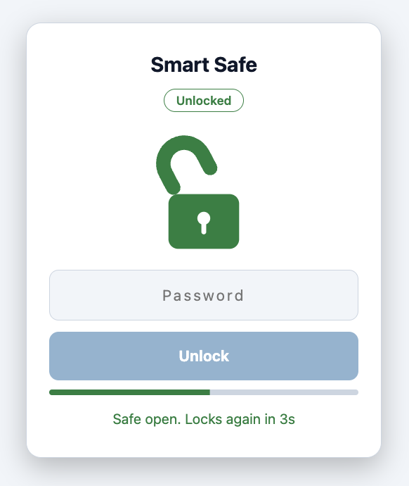 The Smart Safe page unlocked, with an open padlock and a countdown bar