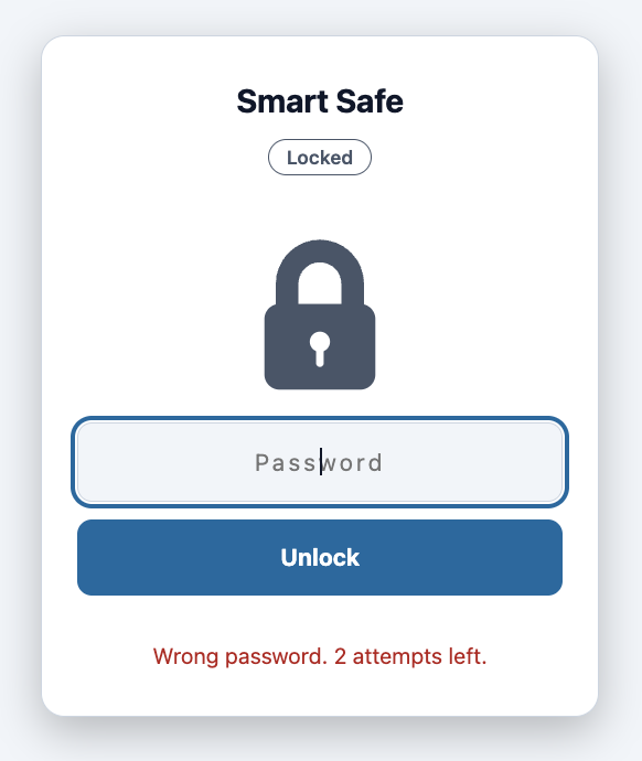 The Smart Safe page after a wrong password, showing two attempts left